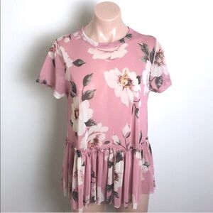 Ginger G Floral Mauve Pink Peplum Short Sleeve Top